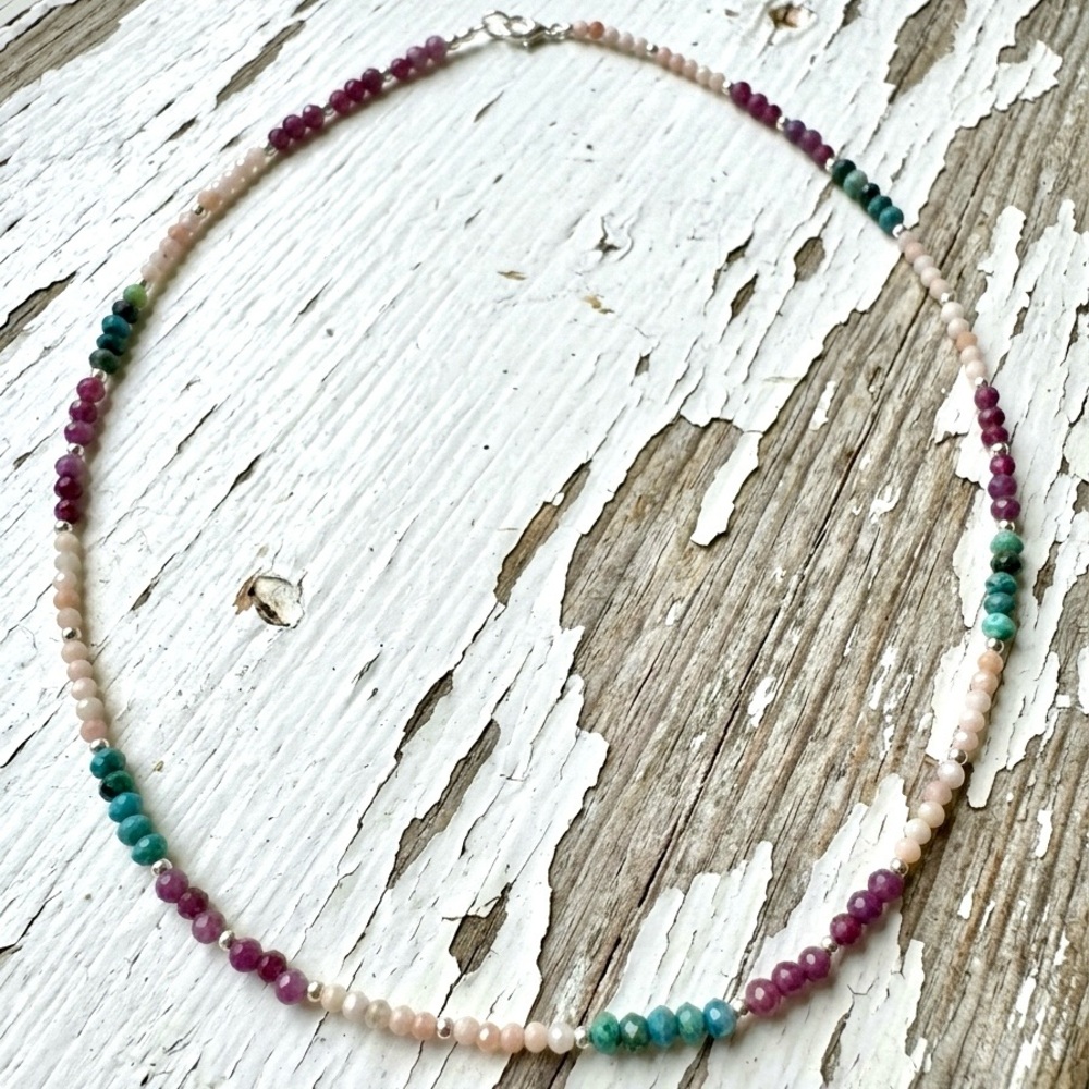 Dainty Semi Precious Ruby, Pink Opal, Chrysoprase Stone Beaded Necklace